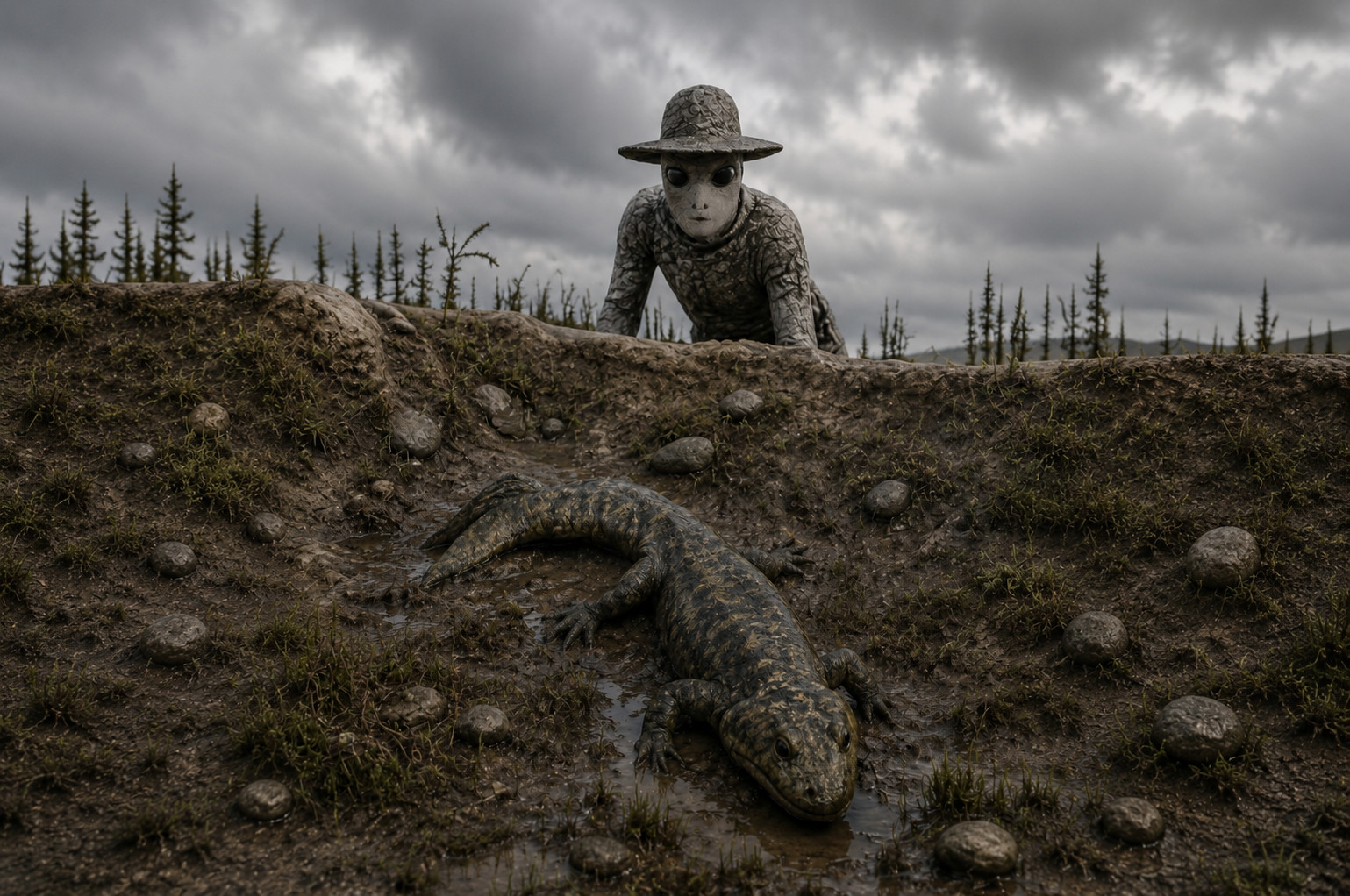 A gatherer encounters an early amphibious animal