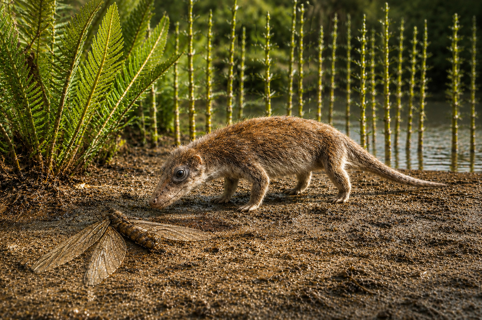 A cynodont investigates a dead insect