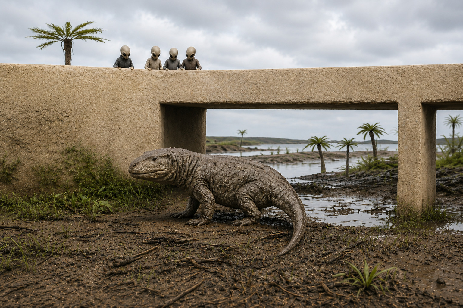 Gatherers observe an Erythrosuchus from a bridge