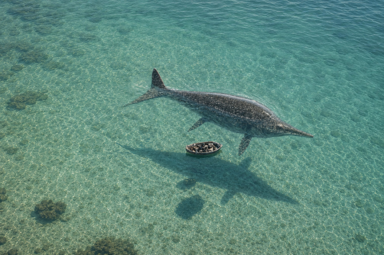 Ichthyosaur and gatherer boat