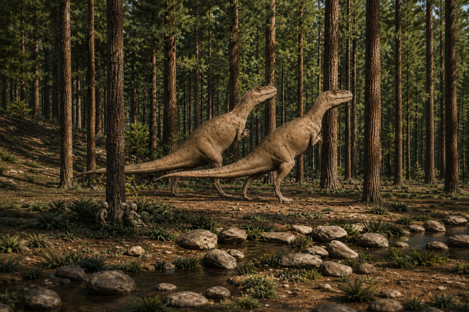 Gatherers observe two Allosaurus