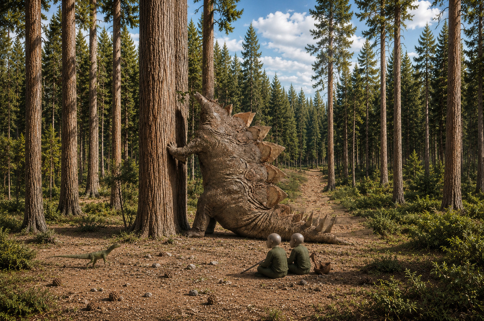 Gatherers observe a feeding Stegosaurus