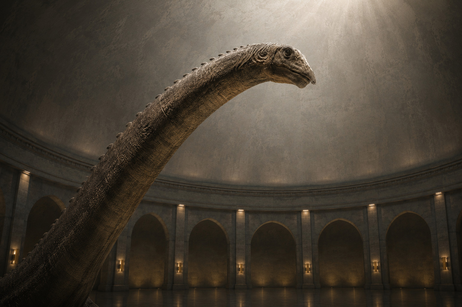 Sauropod head and neck towering above the visitor