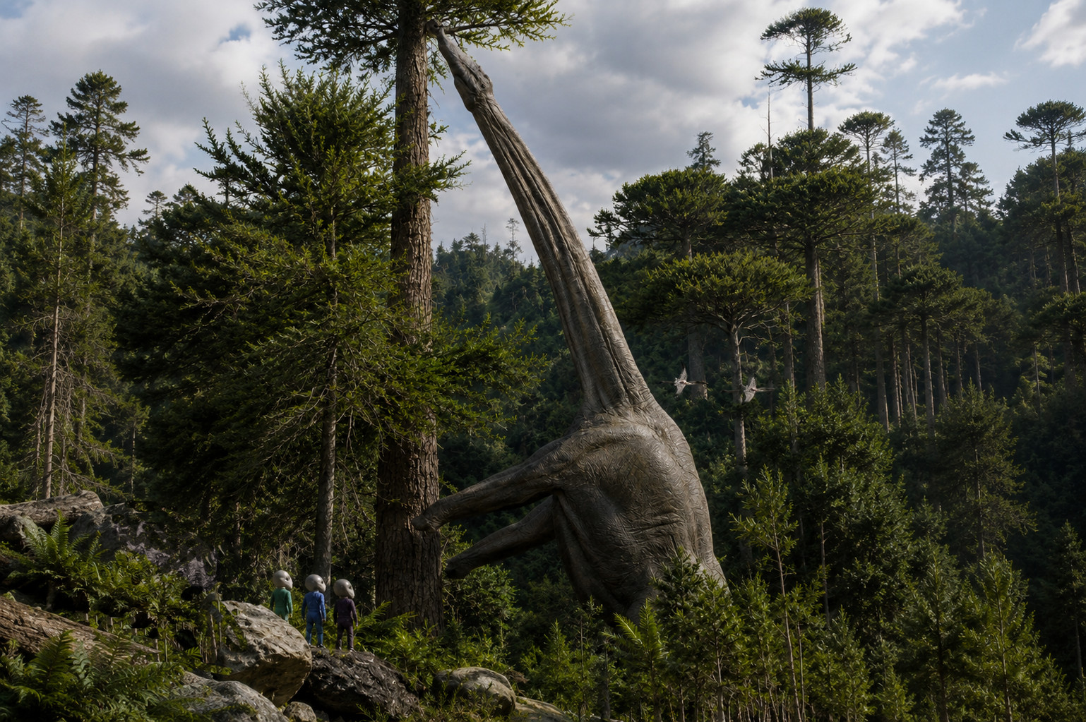 The scene recreated from the Jurassic forest