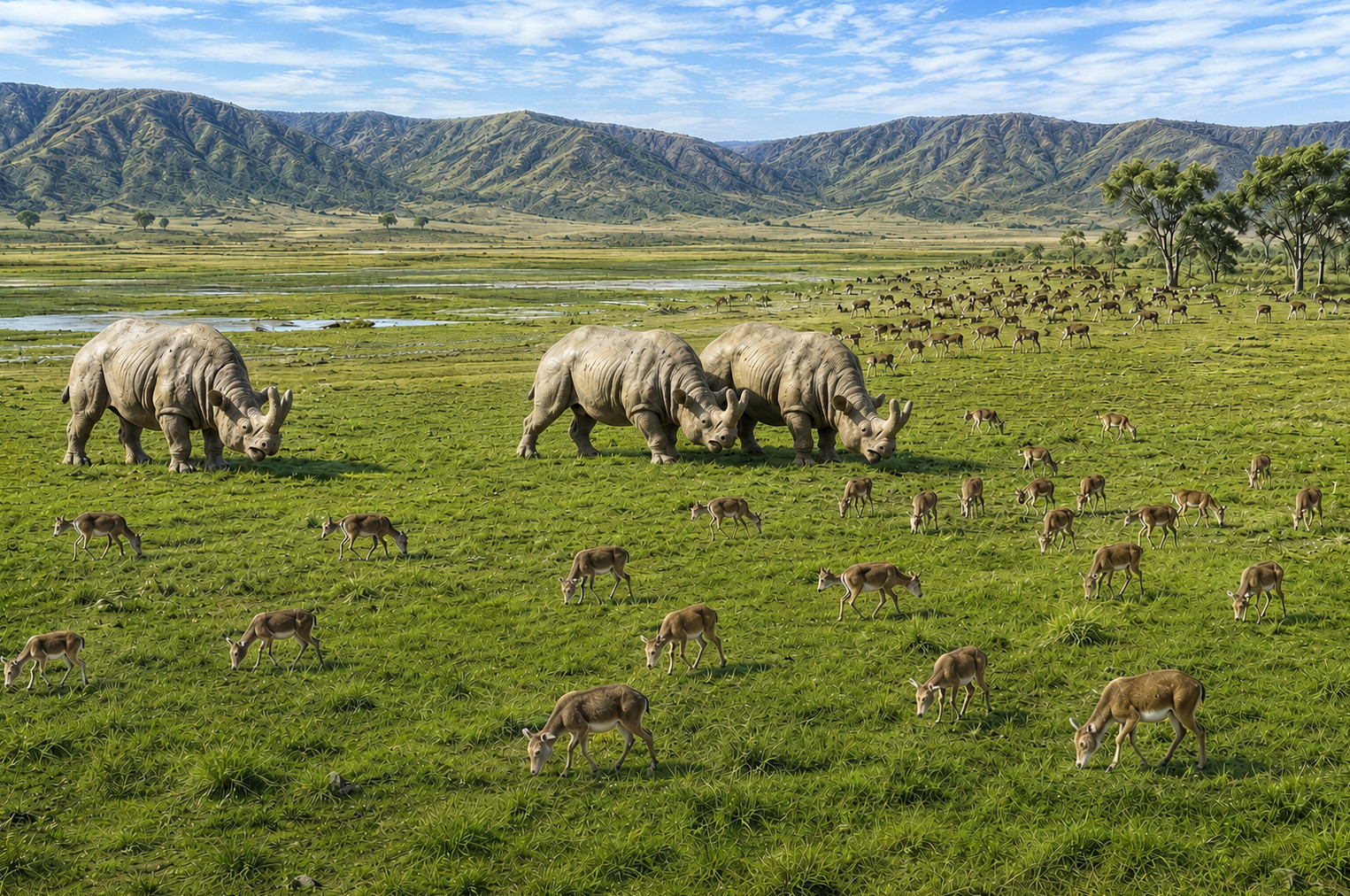 Animals grazing in the expanding grasslands