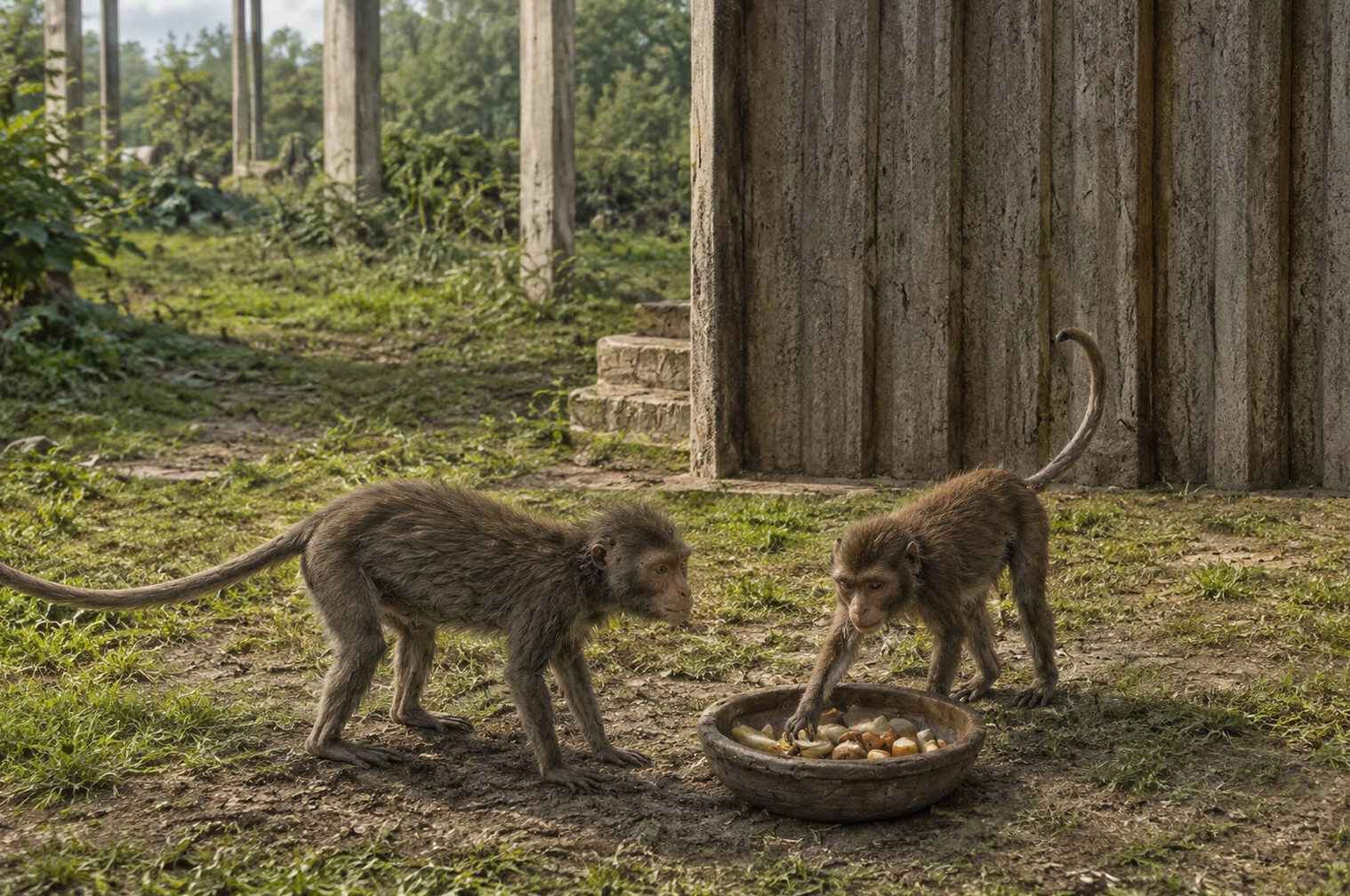 Monkeys in a gatherer's yard