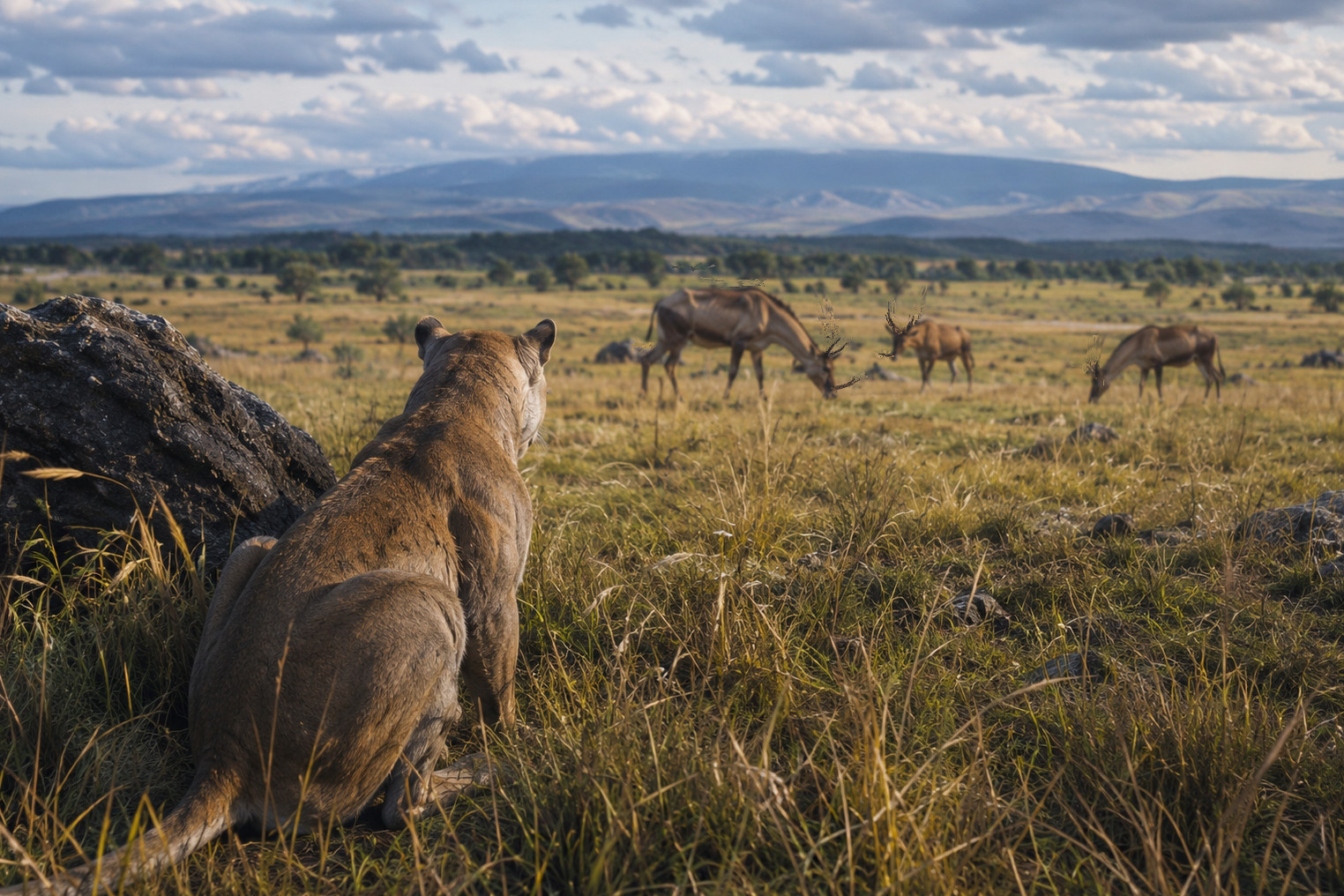 A large cat watches the grazing herds