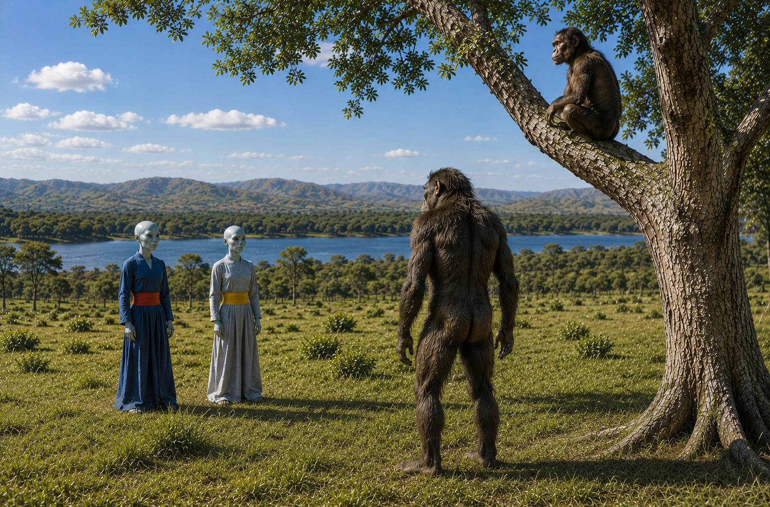 Gatherers encounter the bipedal apes