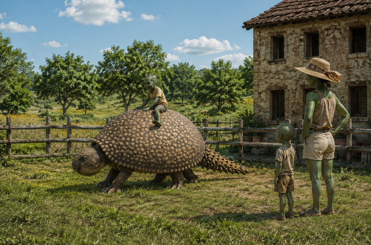 A young gatherer rides a glyptodont
