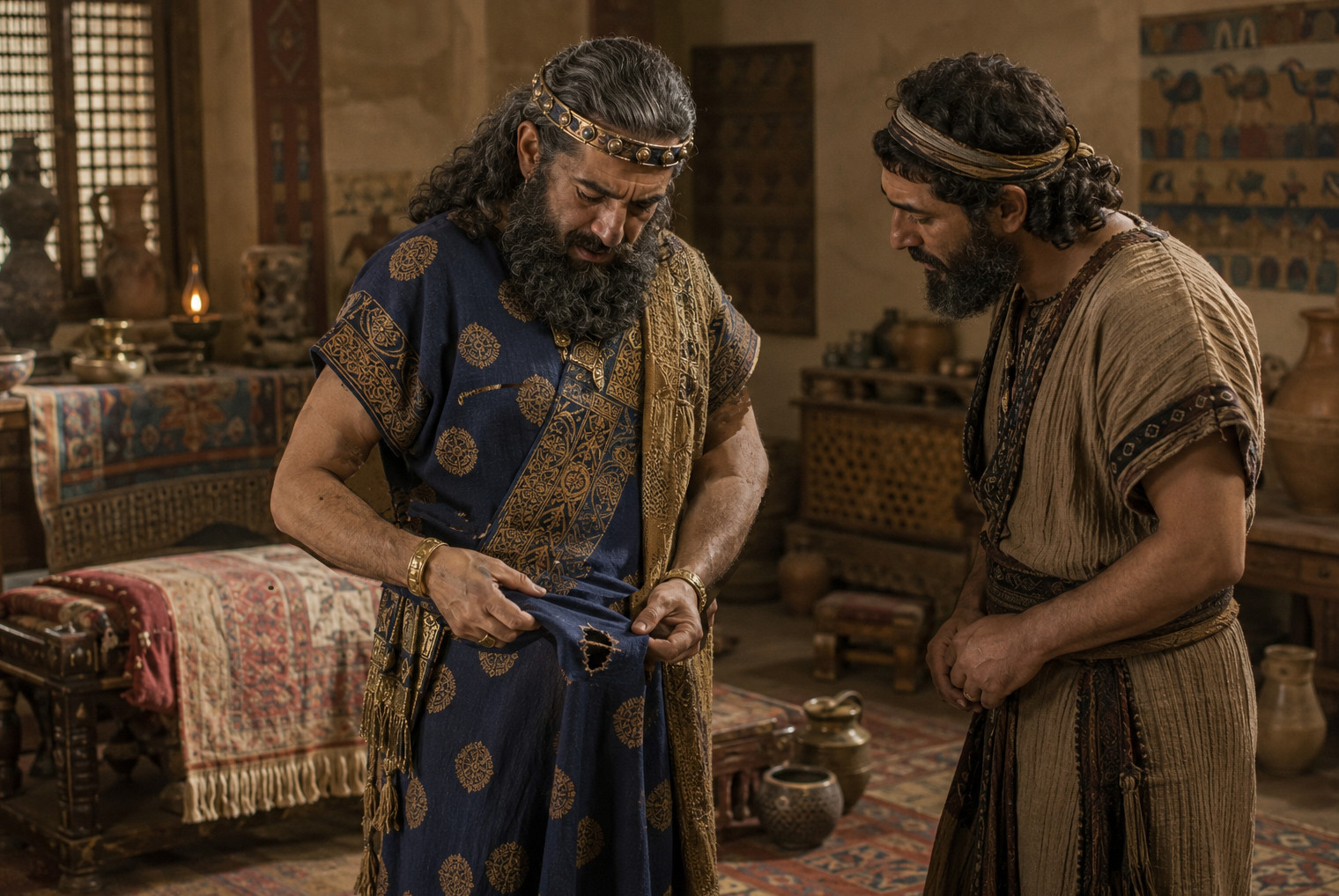 Hammurabi inspects a tear in his garment