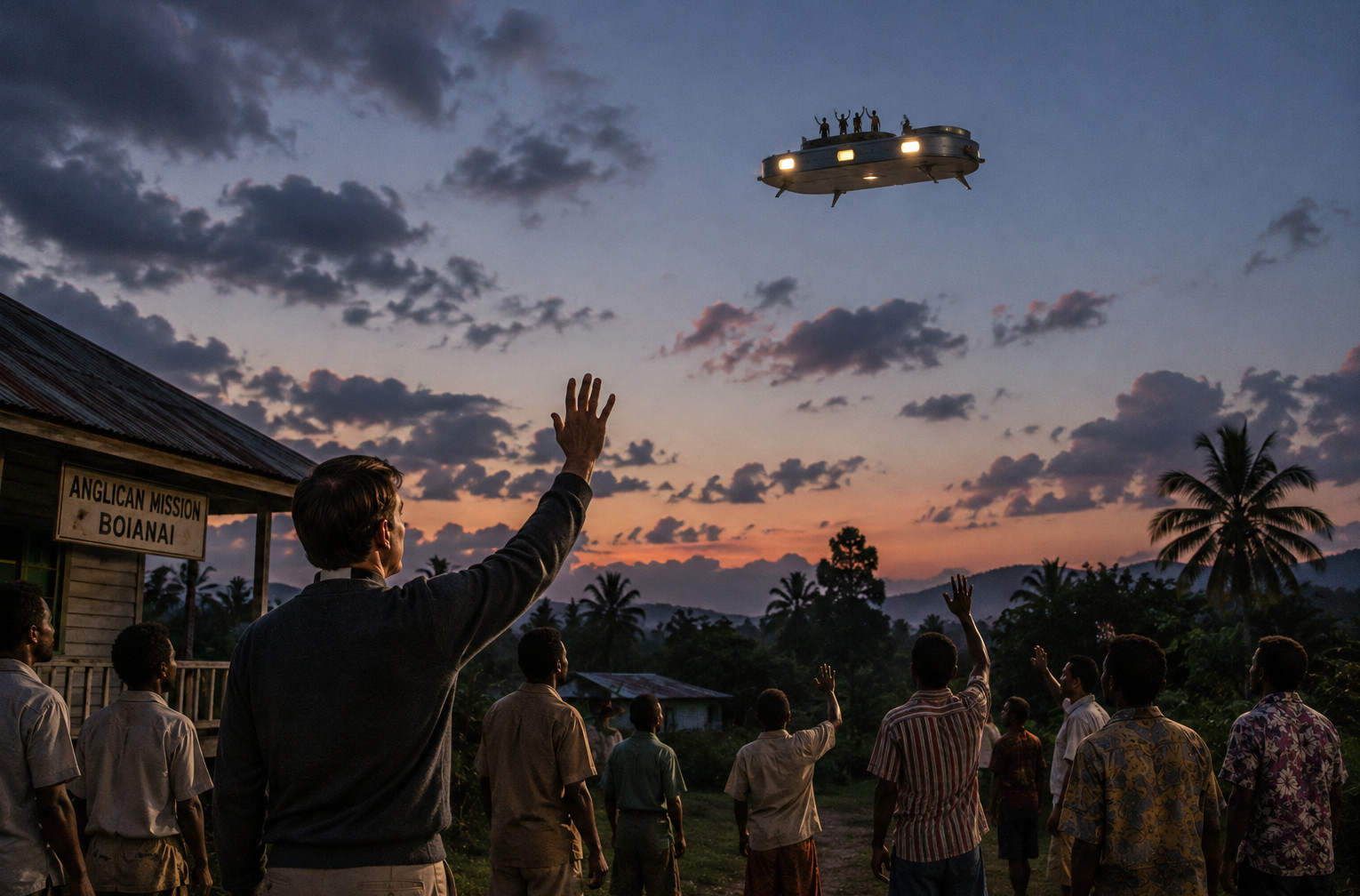 Reconstruction of Father Gill and witnesses waving to figures above Boianai