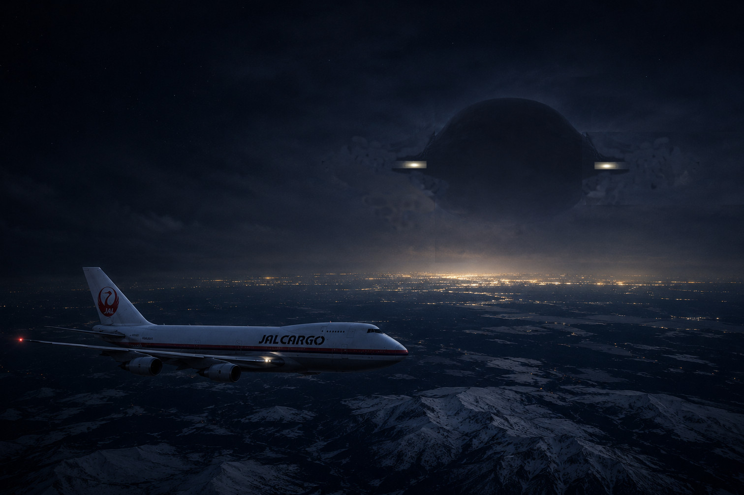 Reconstruction of Japan Airlines Flight 1628 beside the enormous object described by Captain Terauchi