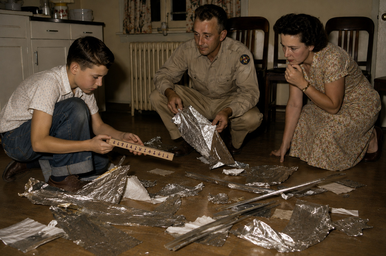 Reconstruction of the Marcel family examining Roswell debris