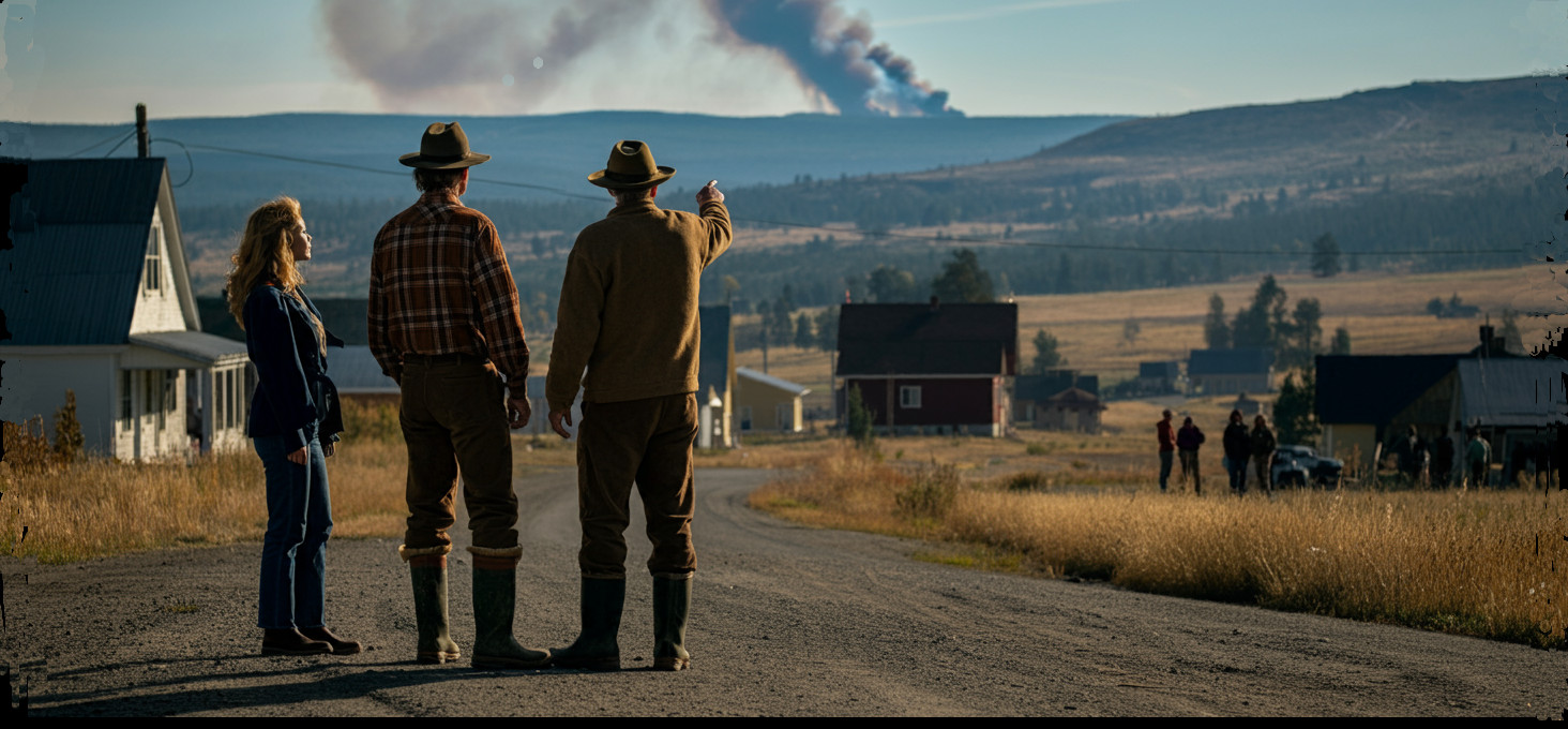 people looking at distant smoke